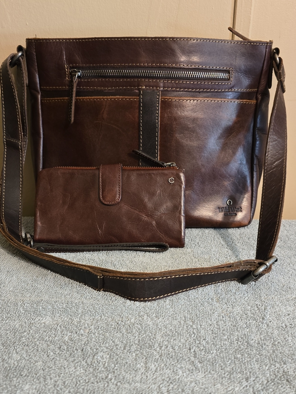 Wild West Brown Leather Crossbody Bag with Matching Wristlet